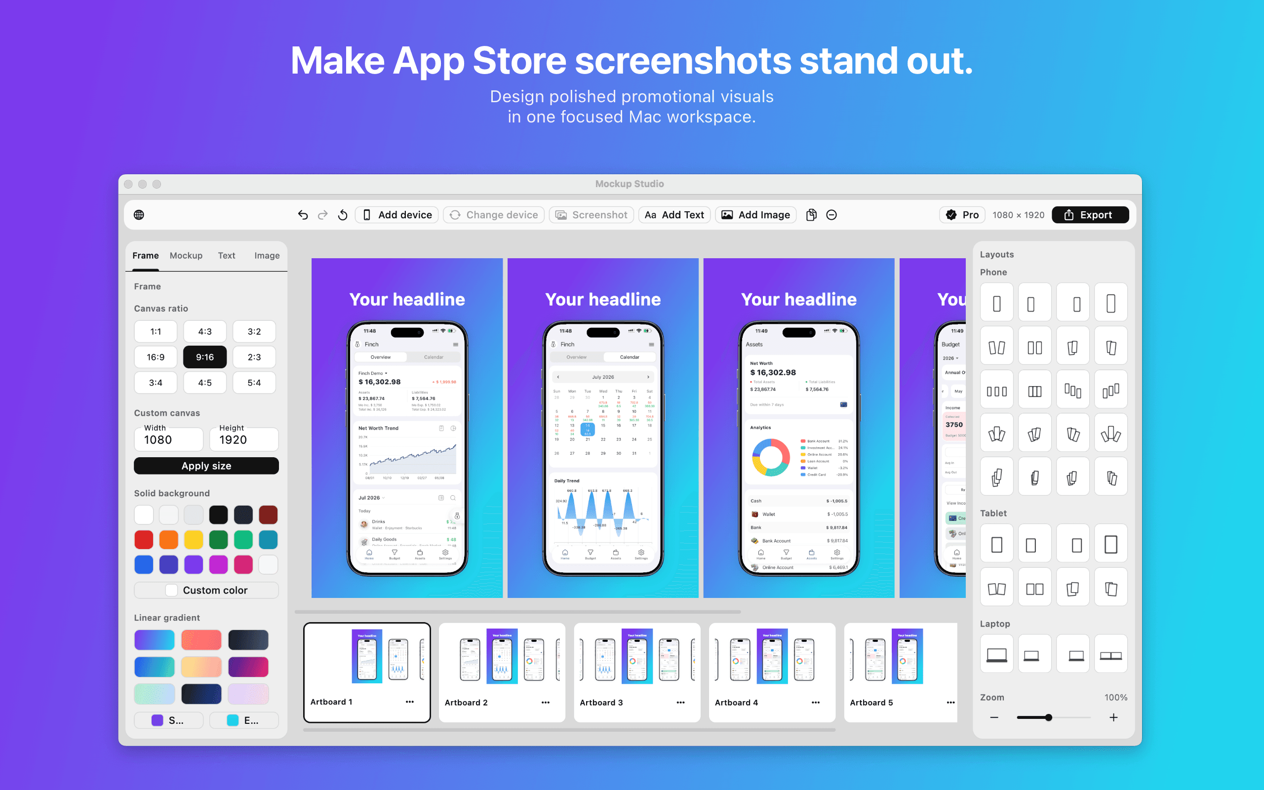 Mockup Studio editing a coordinated set of App Store screenshots.