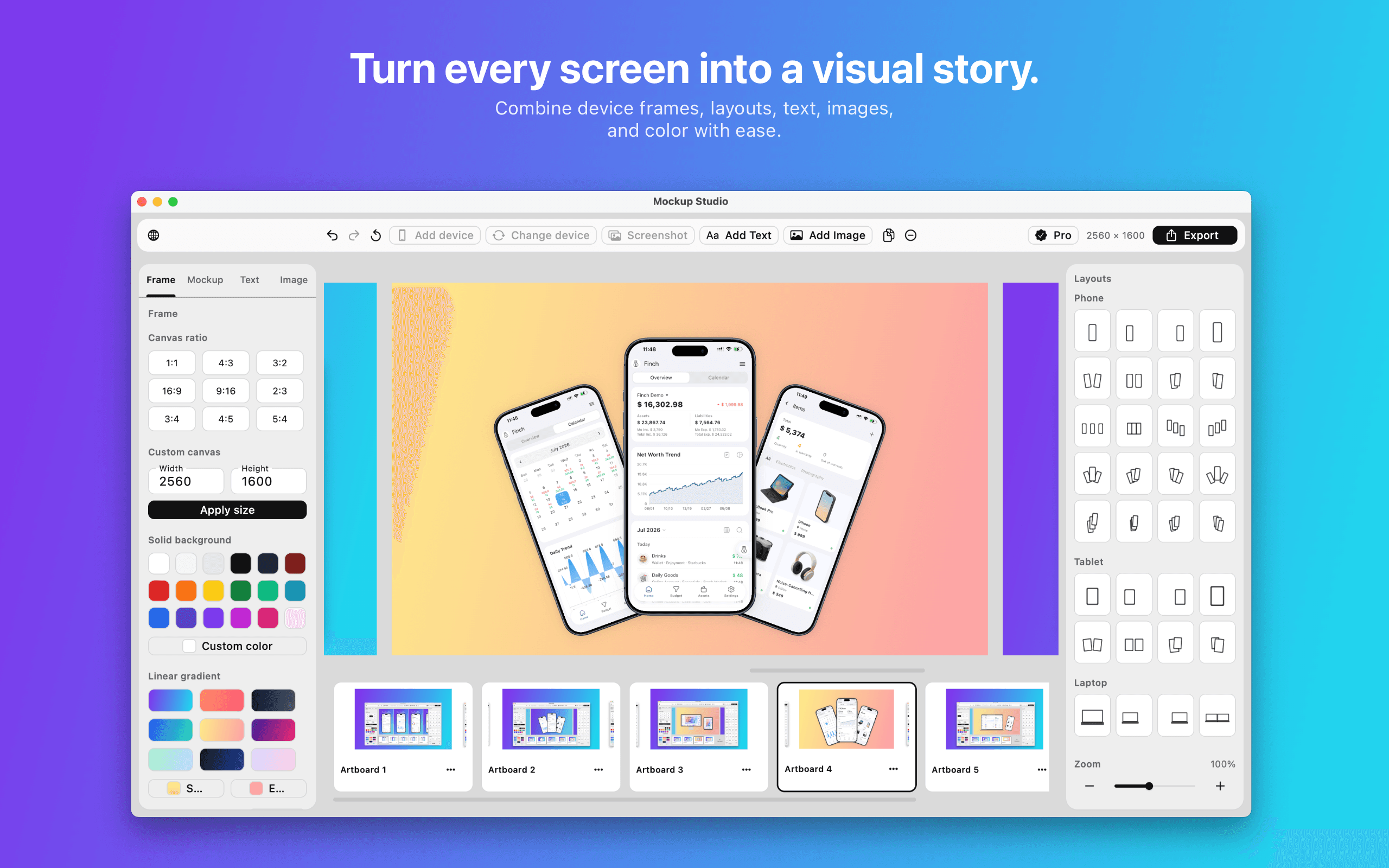 Three phone mockups arranged as a visual product story in Mockup Studio.